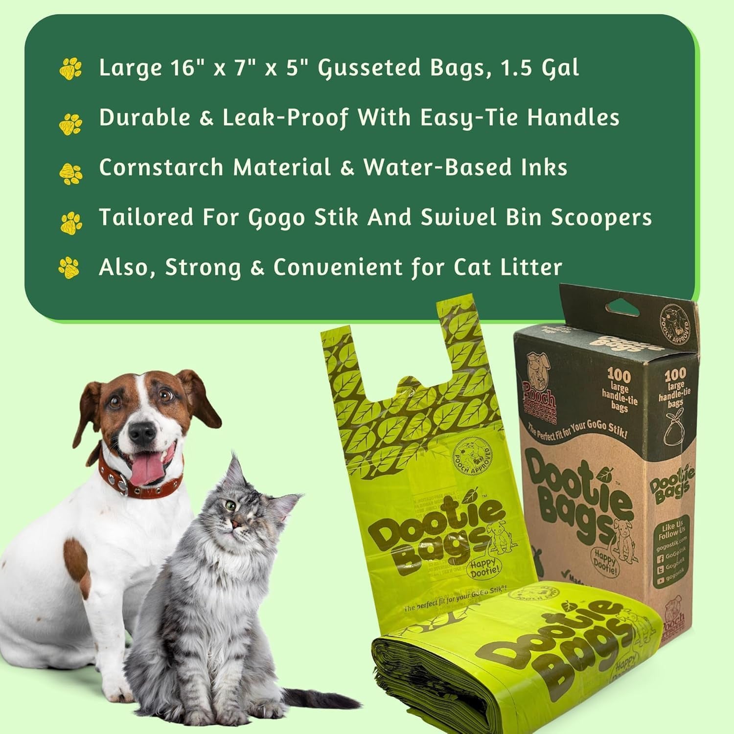 Pooch Approved Large Dootie Bags - Dog Poop Bags - Tie-Handles - 100 Count Dootie Strong and Leakproof - Perfect for Dogs & Cats - Litter - Pet Waste Cleanup - Swivel Bin &  Scoopers