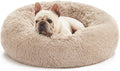 Calming Cat Bed for Indoor Cats,Anti-Anxiety Donut round Dog Bed,Fluffy Faux Fur Washable Pet Bed for Small Medium Dogs and Cats,Taupe,24In