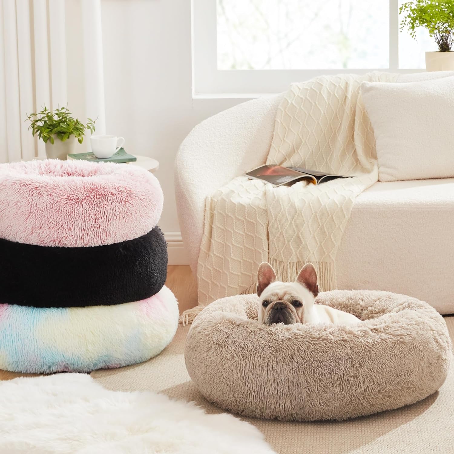 Calming Cat Bed for Indoor Cats,Anti-Anxiety Donut round Dog Bed,Fluffy Faux Fur Washable Pet Bed for Small Medium Dogs and Cats,Taupe,24In